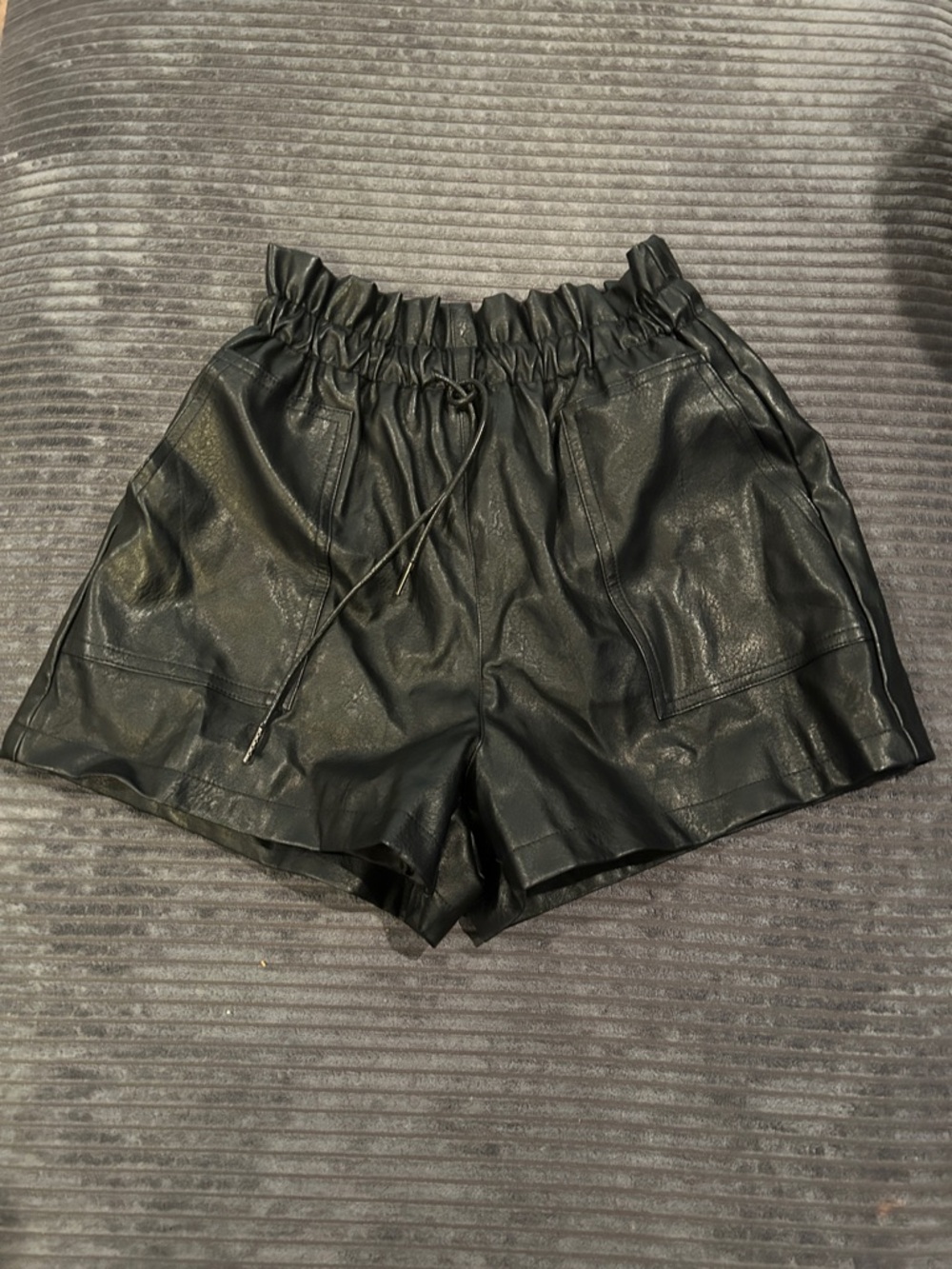 High-Waist Faux Leather Black Shorts with Drawstring